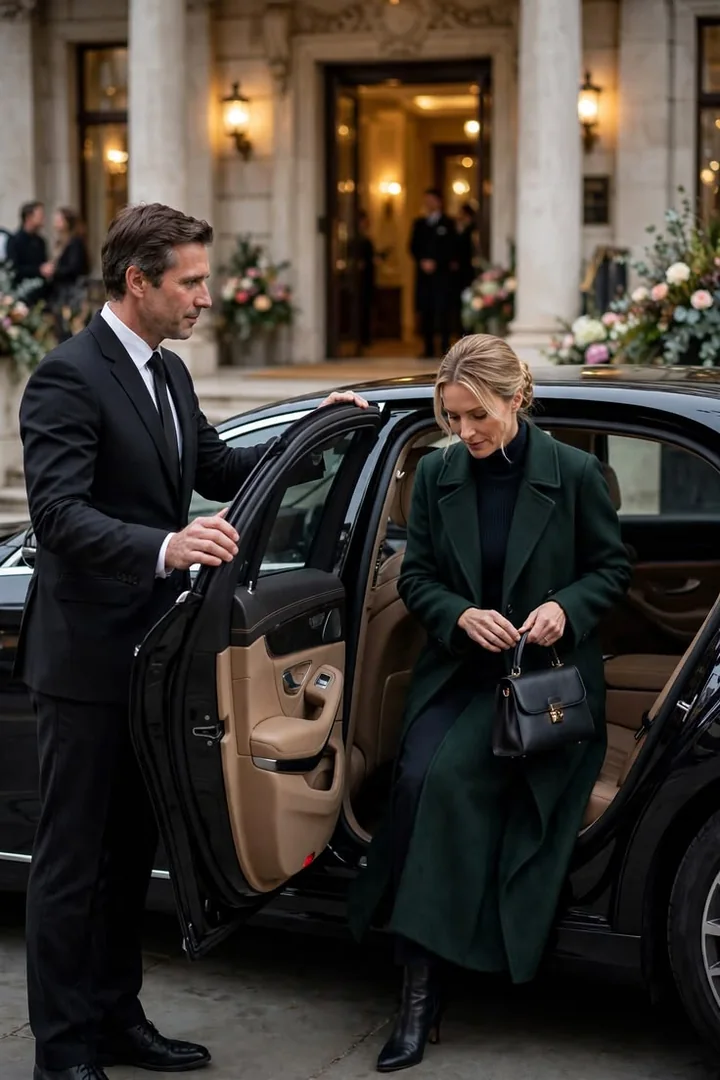 Chauffeur opening a black luxury car door for a client arriving at an upscale Dallas hotel