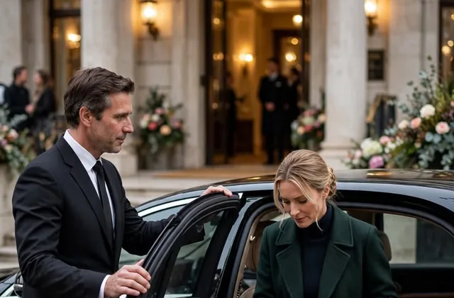 Chauffeur opening a luxury black car door outside an upscale Dallas hotel