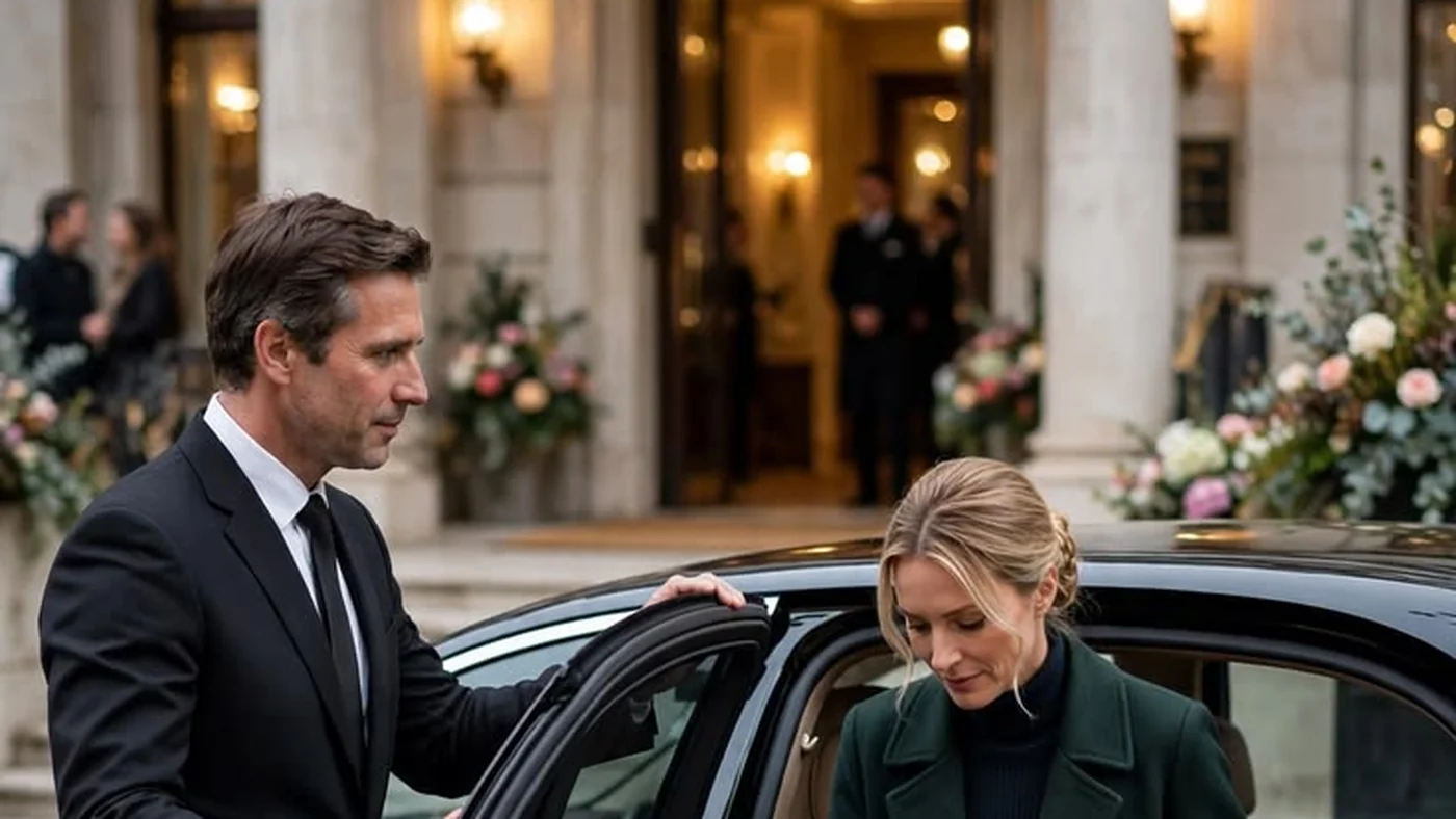 Chauffeur opening a luxury black car door for a client outside an upscale Dallas hotel