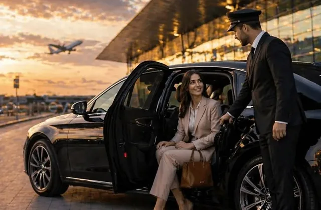 Uniformed chauffeur assisting a passenger from a luxury black SUV at the airport at sunset