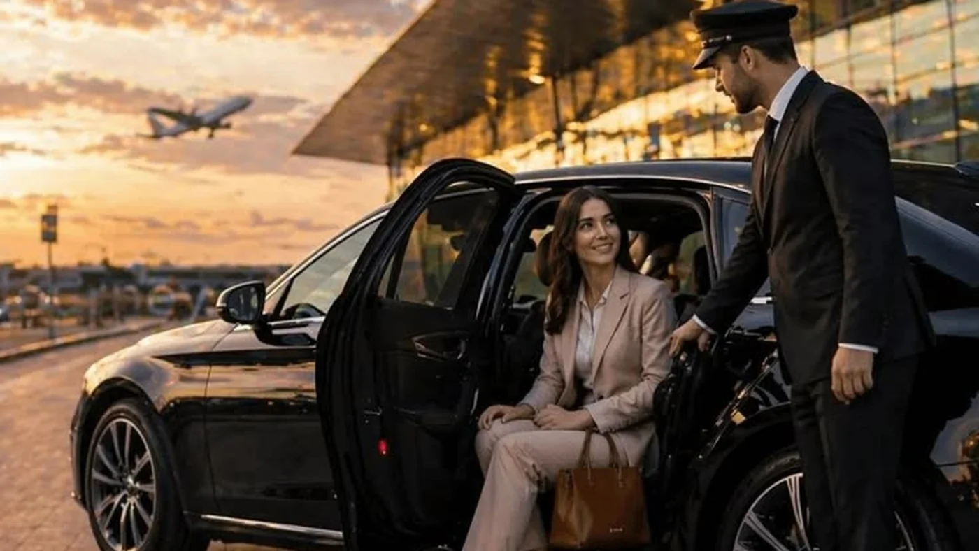 Uniformed chauffeur assisting a passenger from a luxury black SUV at the airport at sunset
