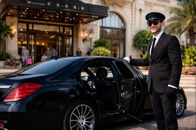 Chauffeur beside a luxury black car at a Dallas hotel entrance