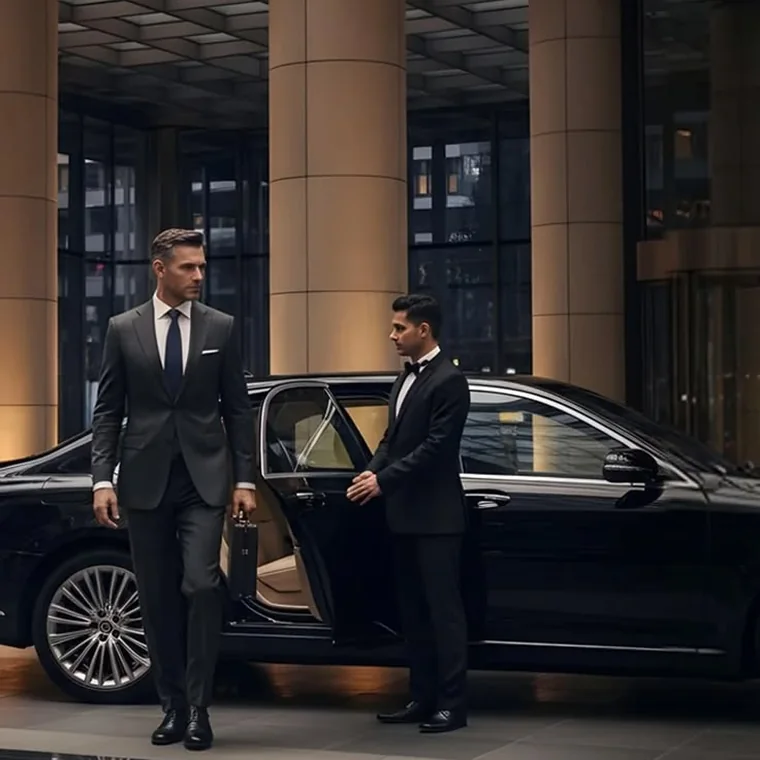 Chauffeur holding the door of a luxury black sedan for a business traveler at a hotel for a DFW airport pickup