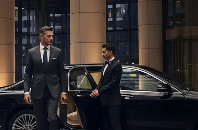 Chauffeur holding the door of a luxury black sedan for a business traveler at a hotel for a DFW airport pickup