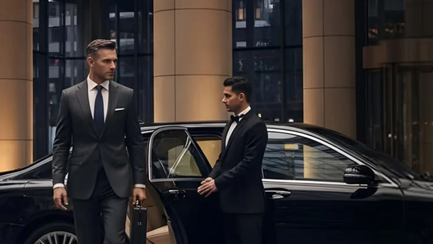 Chauffeur holding the door of a luxury black sedan for a business traveler at a hotel for a DFW airport pickup