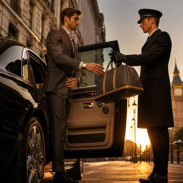 Professional chauffeur in cap and gloves taking a business traveler's luggage beside a luxury black car