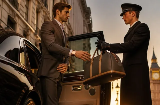 Professional chauffeur in cap and gloves handling a business traveler's luggage beside a luxury black car