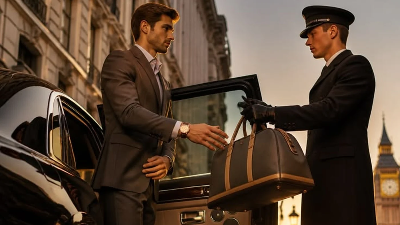 Professional chauffeur in cap and gloves handling a business traveler's luggage beside a luxury black car